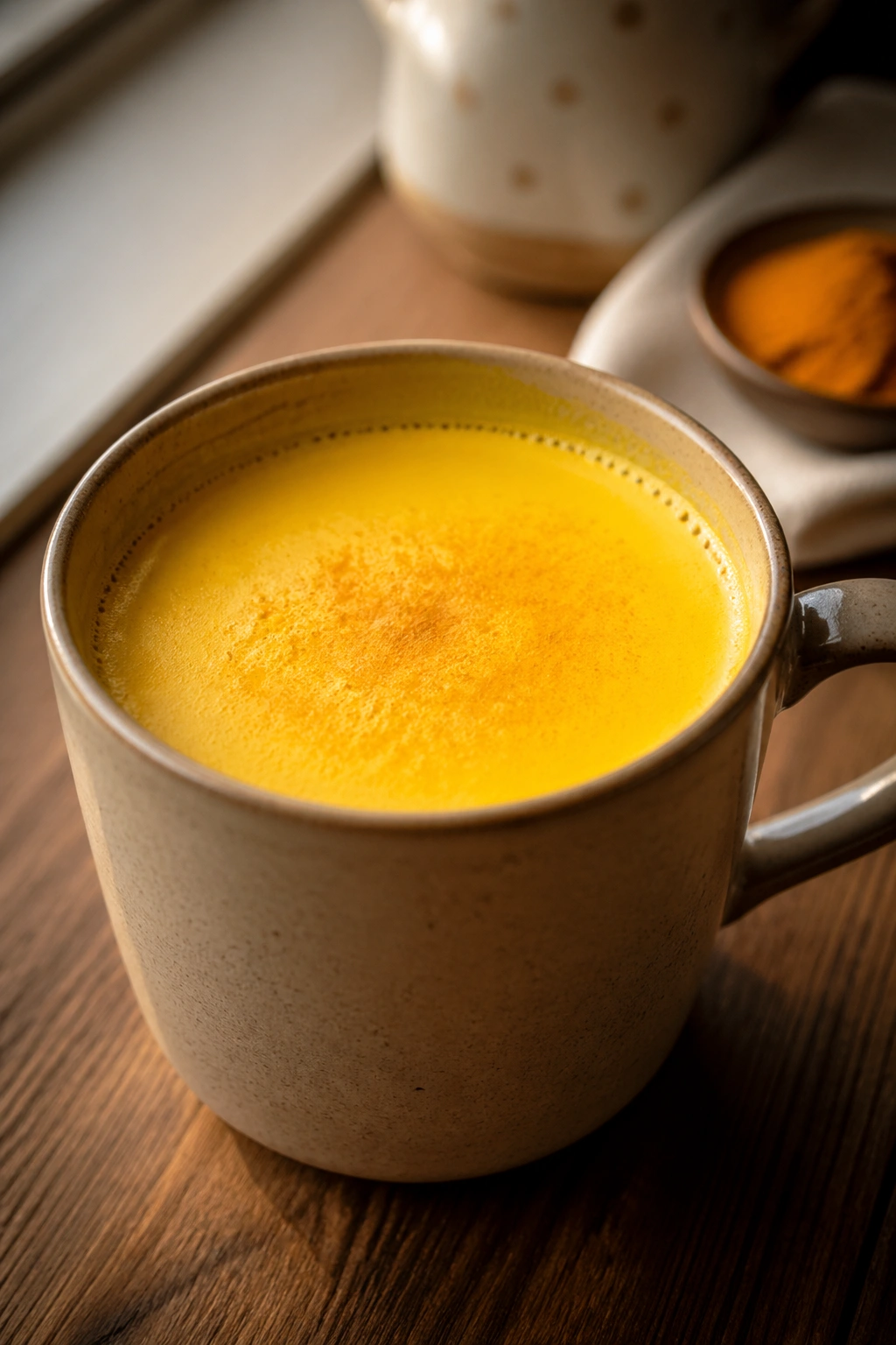 Close-up of a mug of golden milk with turmeric color on a wooden counter