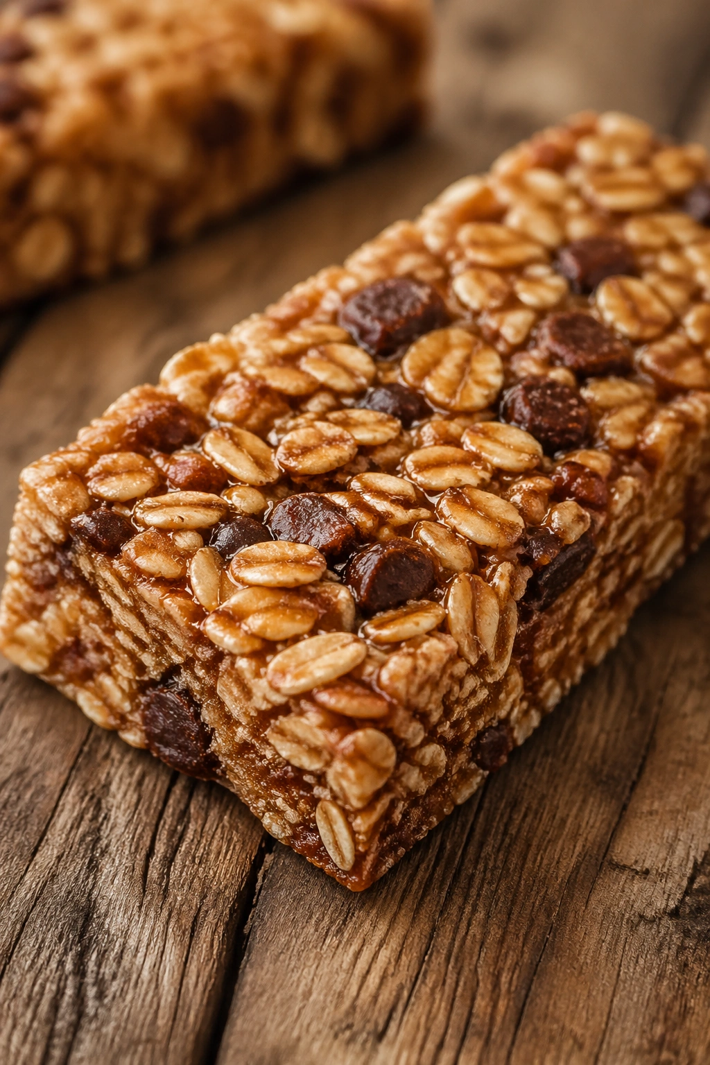 Close-up of a granola bar on a wooden surface in warm kitchen light