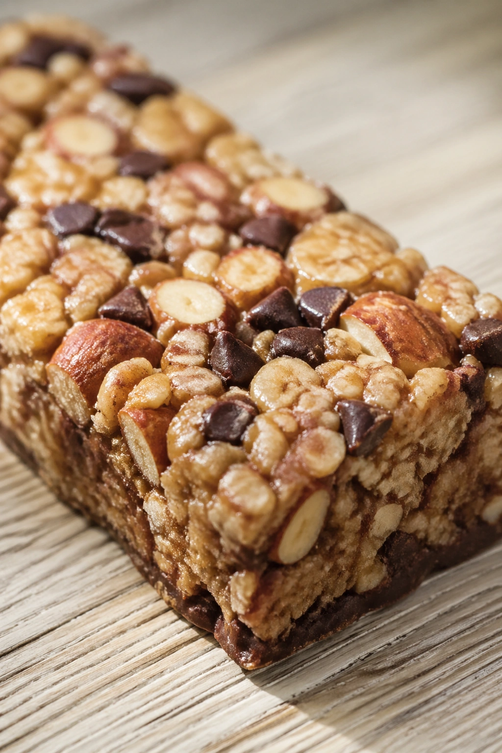 Close-up of a granola bar on a wooden surface