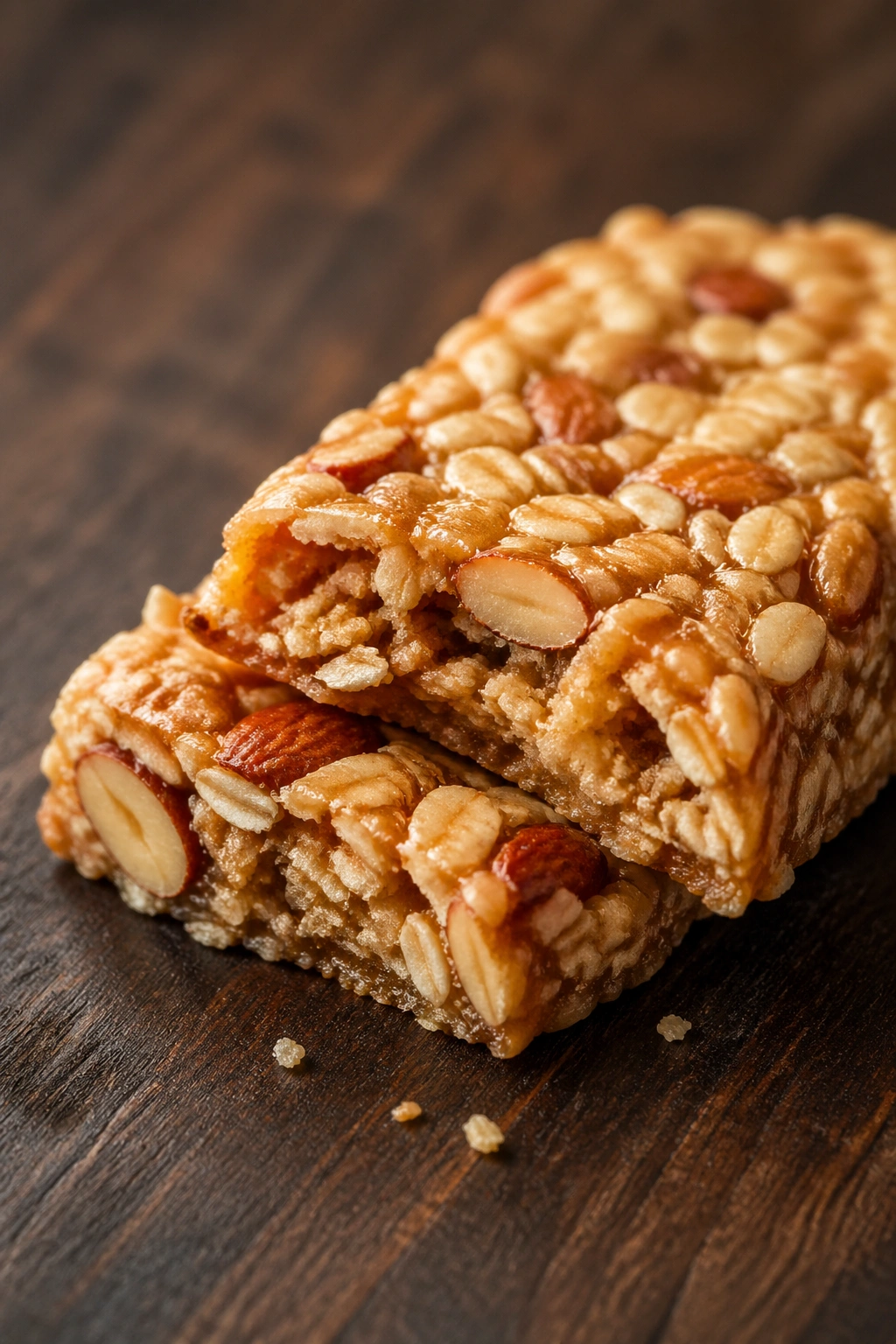 Close-up of a granola bar broken to show oats and nuts