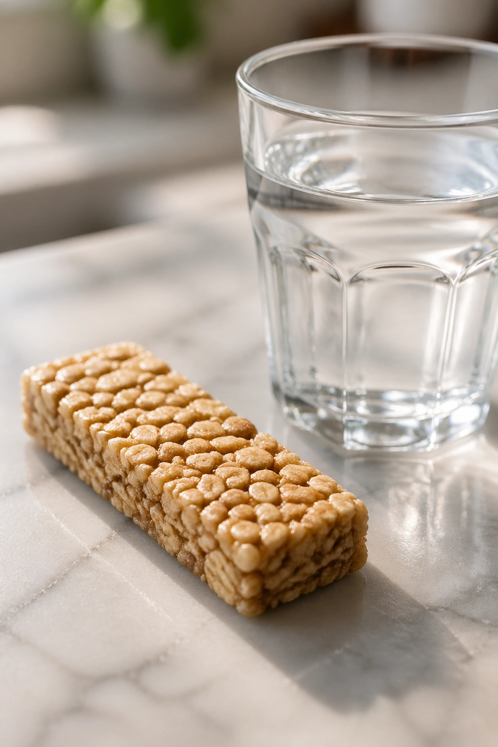 Granola bar with a glass of water