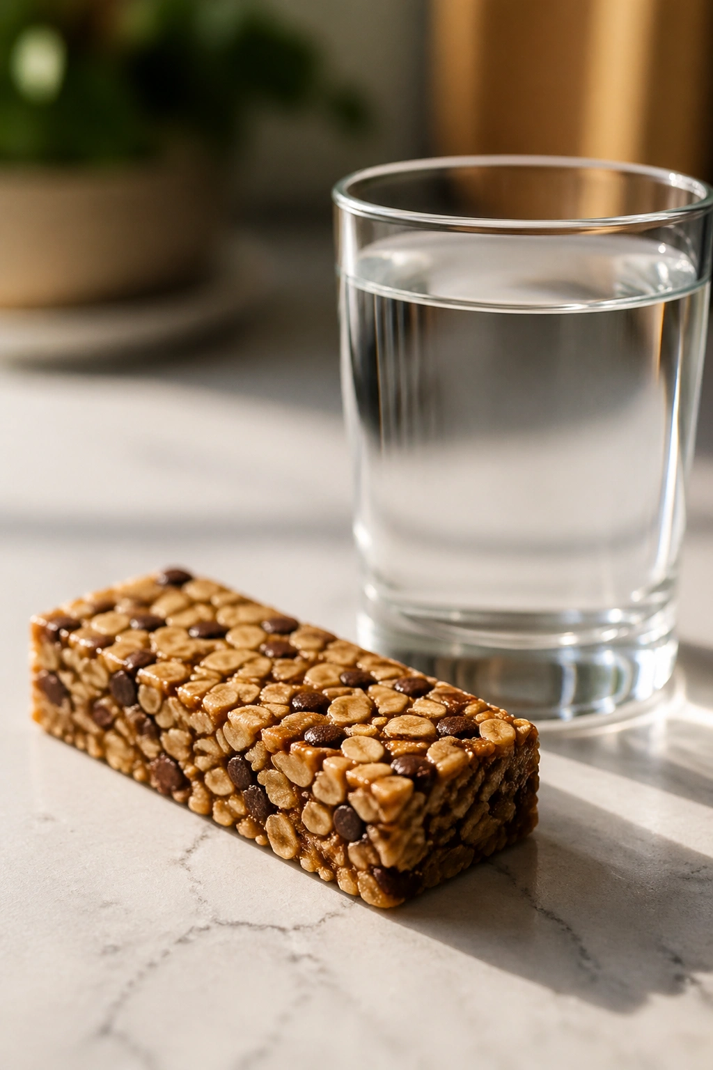 Granola bar with a glass of water on a clean surface