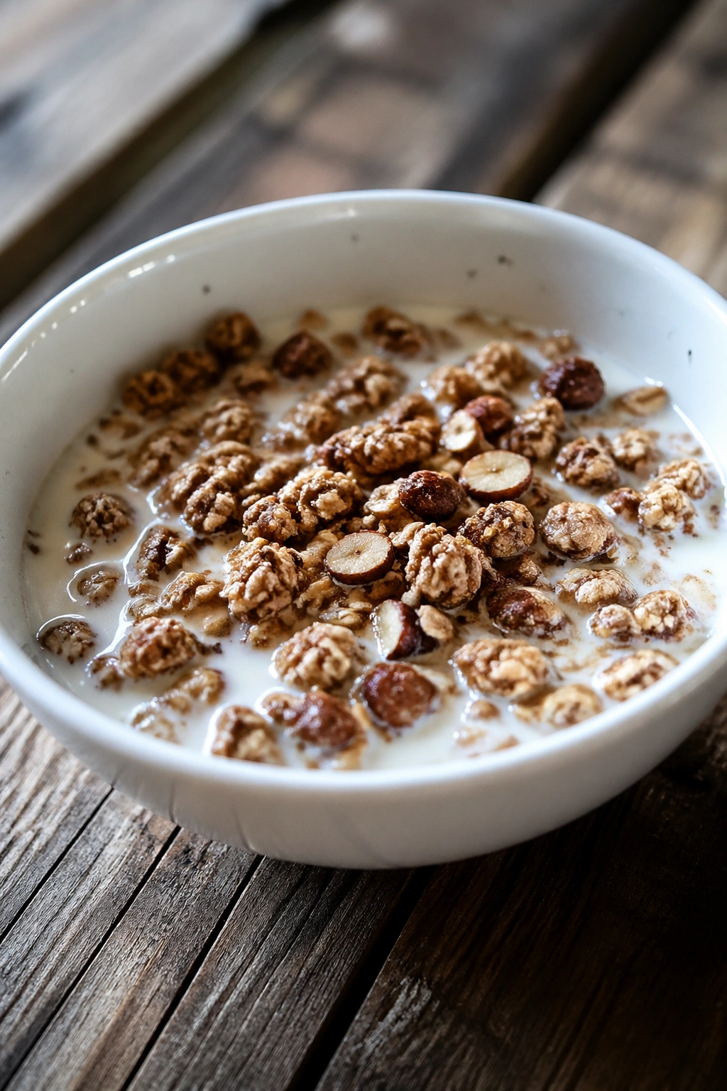 Close-up of granola with milk in a bowl on a wooden surface.