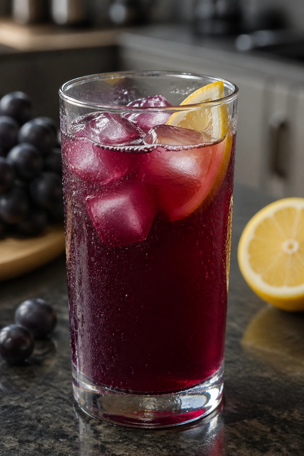 Glass of Concord Grape Lemon Barbell Cooler on a kitchen counter with ice.