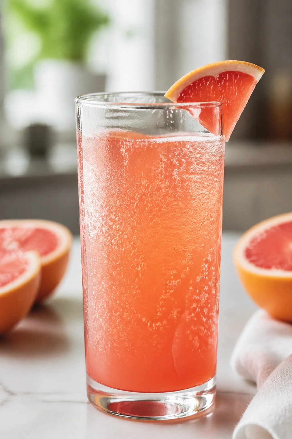 Tall glass of grapefruit ACV fizz with bubbles on a bright counter.