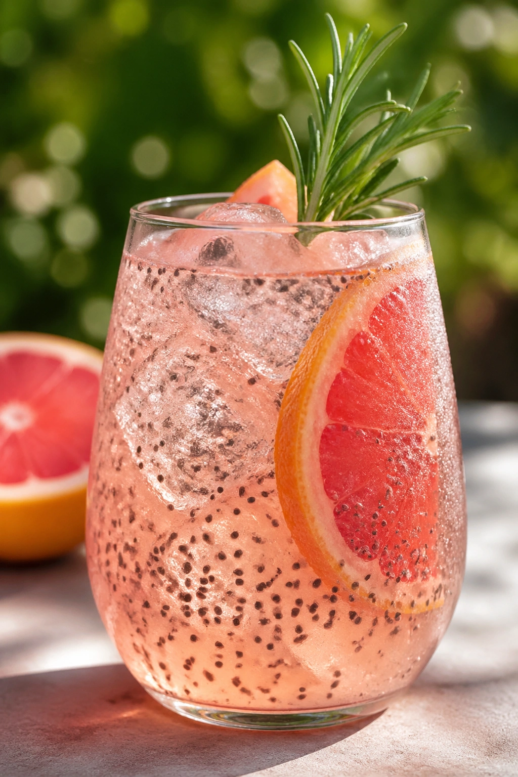 Close-up of grapefruit chia spritz in a glass on an outdoor patio