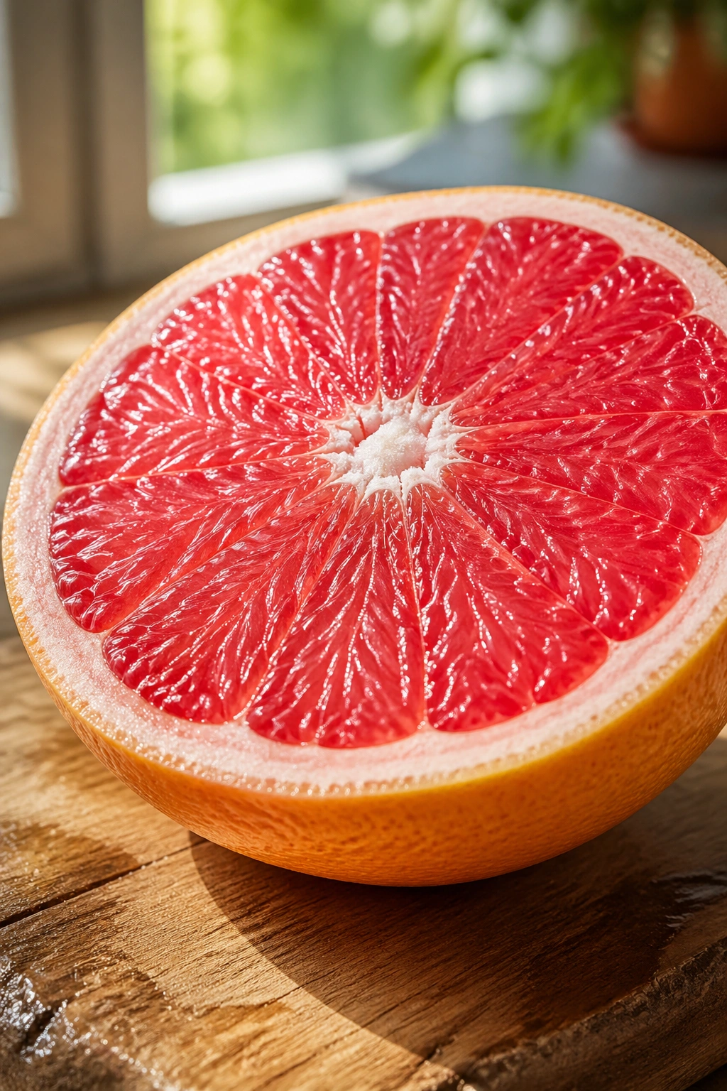 Close-up of halved grapefruit with pink flesh on a wooden cutting board.