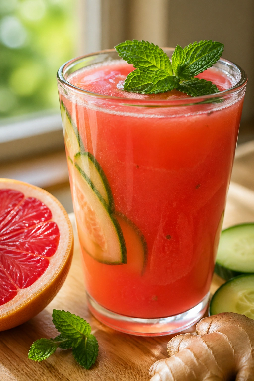 Close-up of Grapefruit Cucumber Wake-Up Juice in a glass with mint on a sunny breakfast table