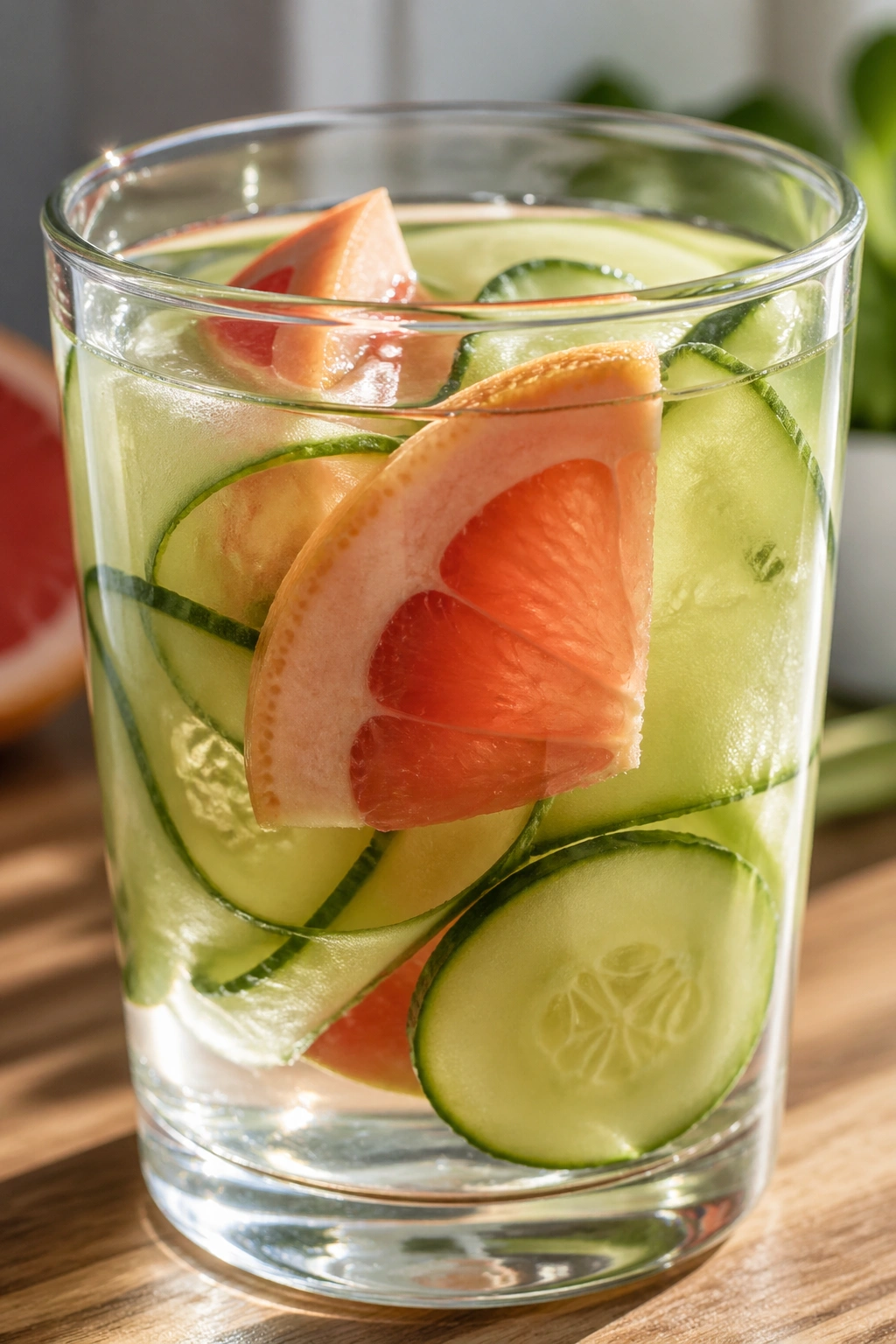 Close-up of grapefruit cucumber water in a glass on a kitchen counter