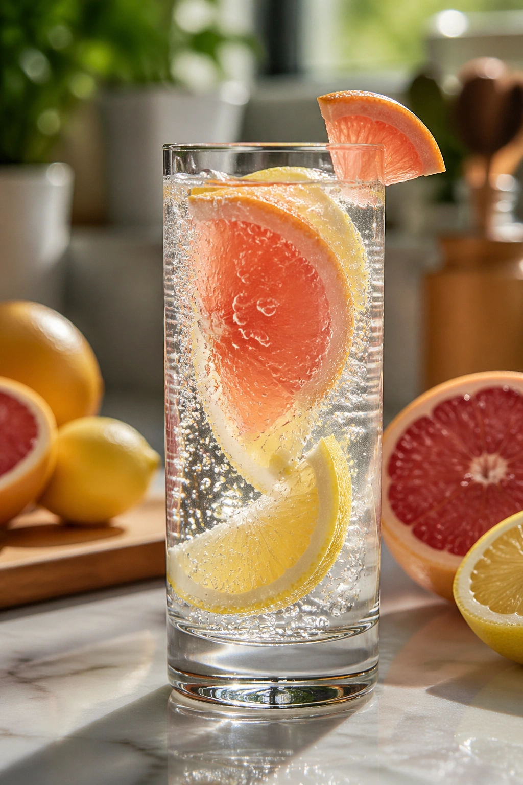 Tall glass of grapefruit lemon sparkler with bubbles