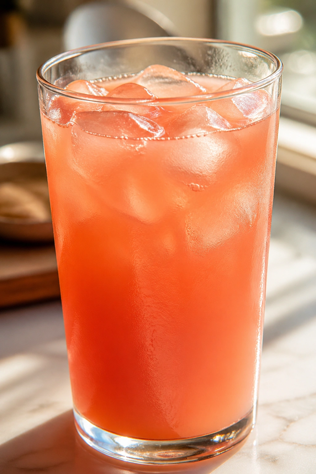 Glass of grapefruit maple ginger cooler with ice on a kitchen counter.