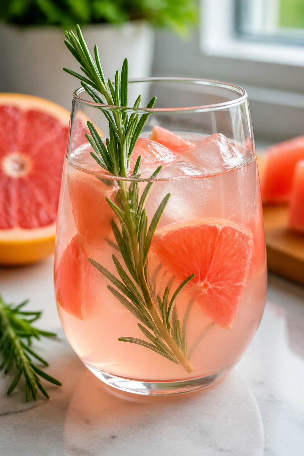 Close-up of grapefruit rosemary infusion in a glass