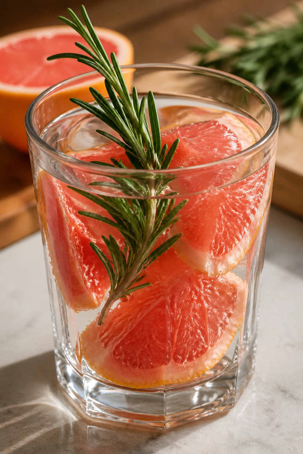 Glass of grapefruit and rosemary infused water with grapefruit segments and rosemary sprig