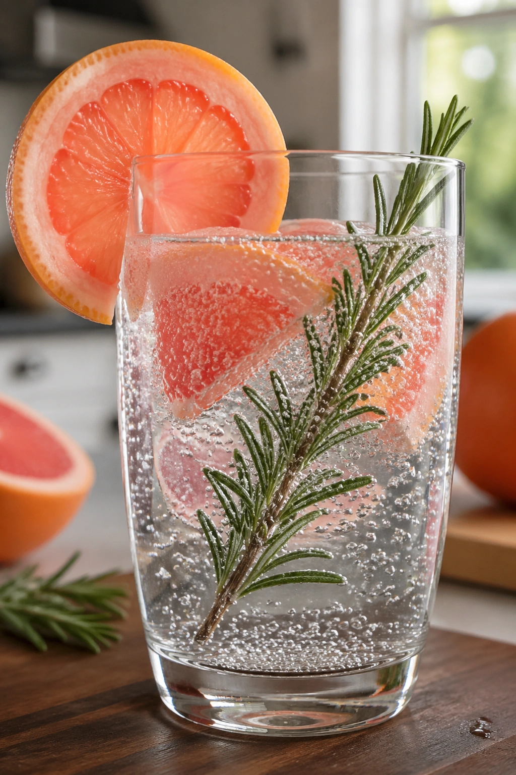 Close-up of a glass of grapefruit rosemary sparkling water with grapefruit slice and rosemary sprig