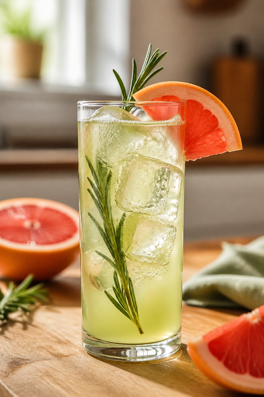 Close-up of Grapefruit Rosemary Green Tea Spritz glass with rosemary and grapefruit garnish