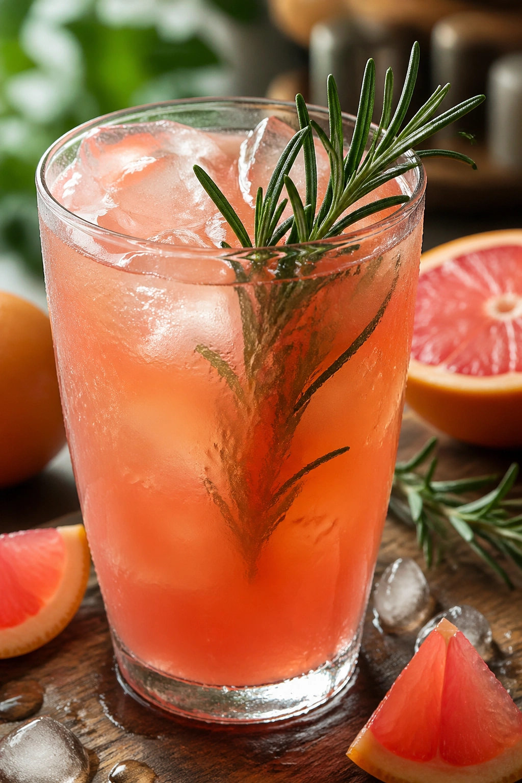 Glass of Grapefruit Rosemary Training Tonic with rosemary infusion on a rustic counter.