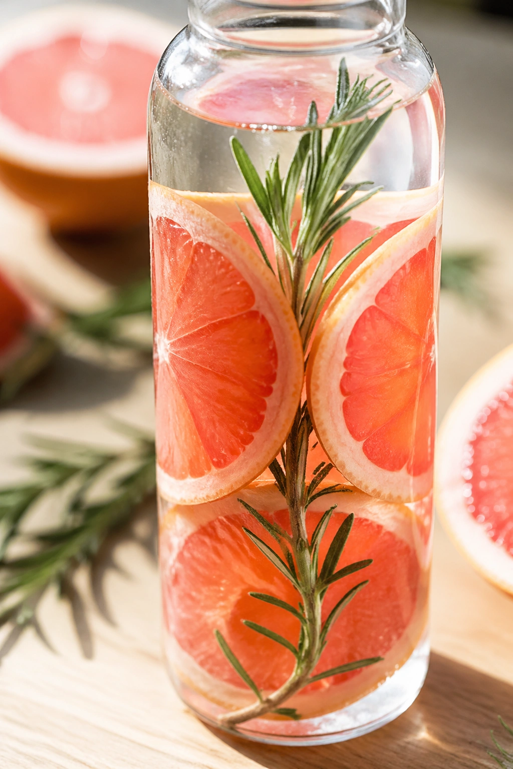 Close-up of grapefruit rosemary water in a glass with grapefruit slices and rosemary against a wooden table