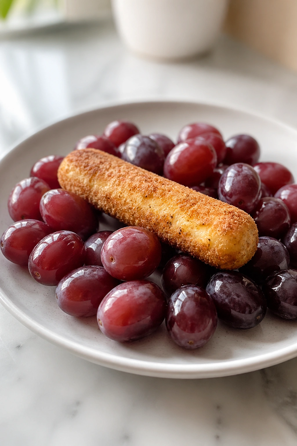 Plate with red grapes and a mozzarella stick on a kitchen counter