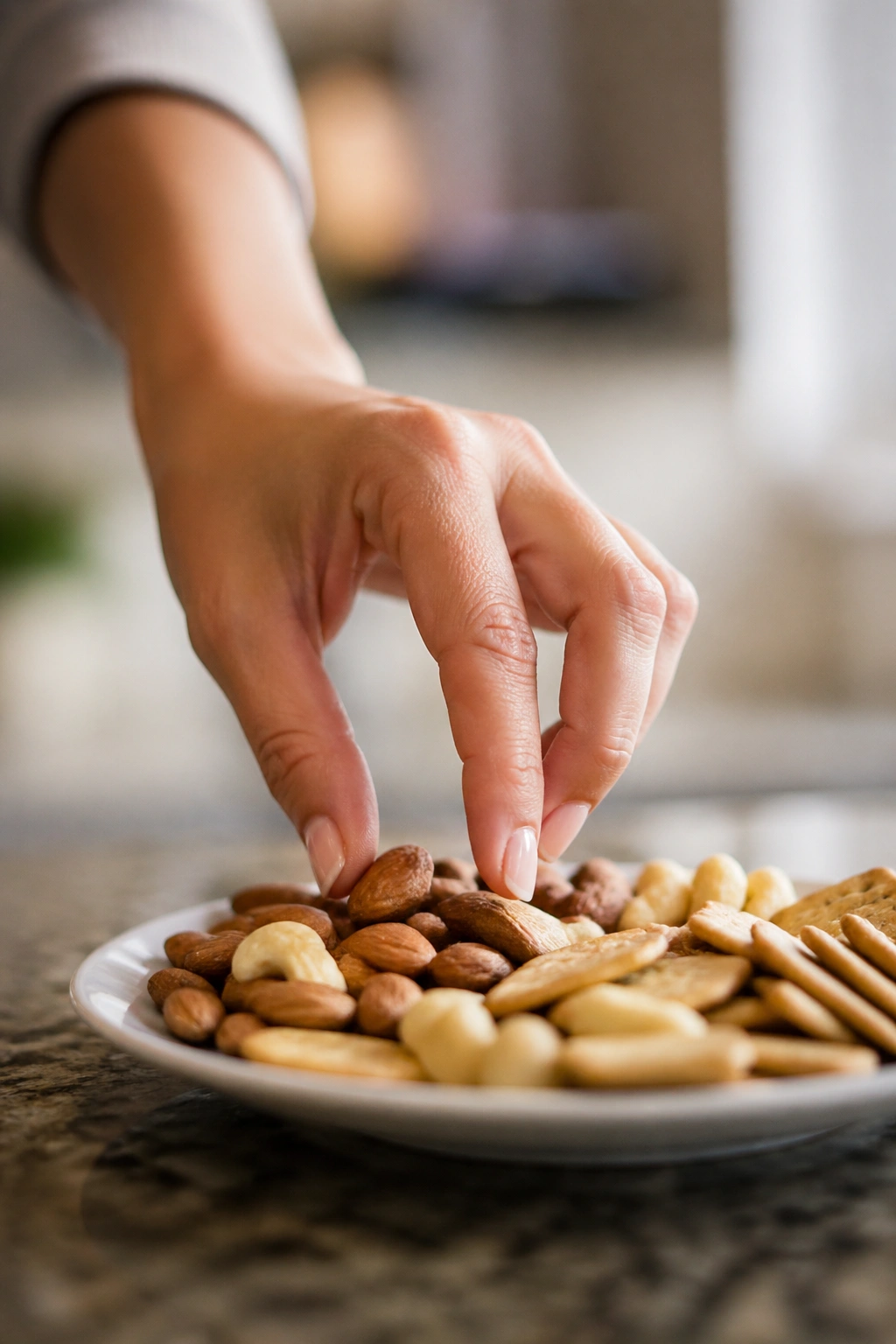 Close-up of a hand picking nuts from a small plate on a kitchen counter
