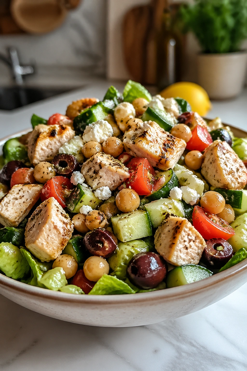 Close-up of Greek chicken and chickpea salad in a bowl