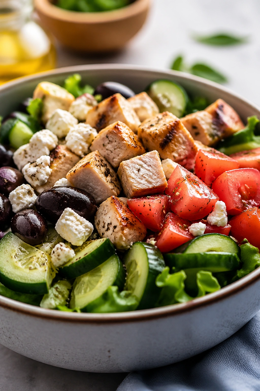 Close-up of Greek chicken cucumber tomato bowl with olives and feta on greens