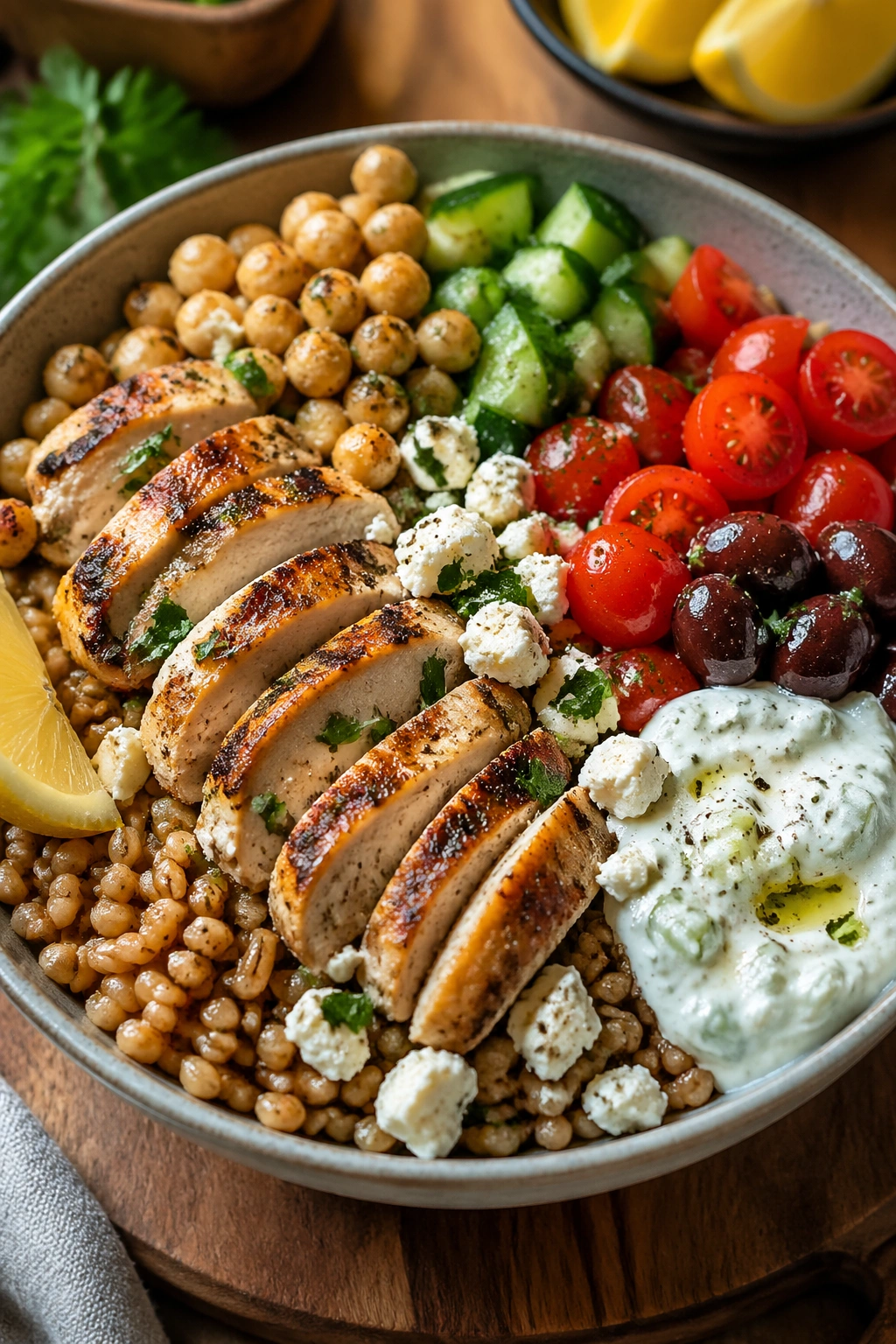 Close-up of Greek Chicken Farro Bowl with farro and feta