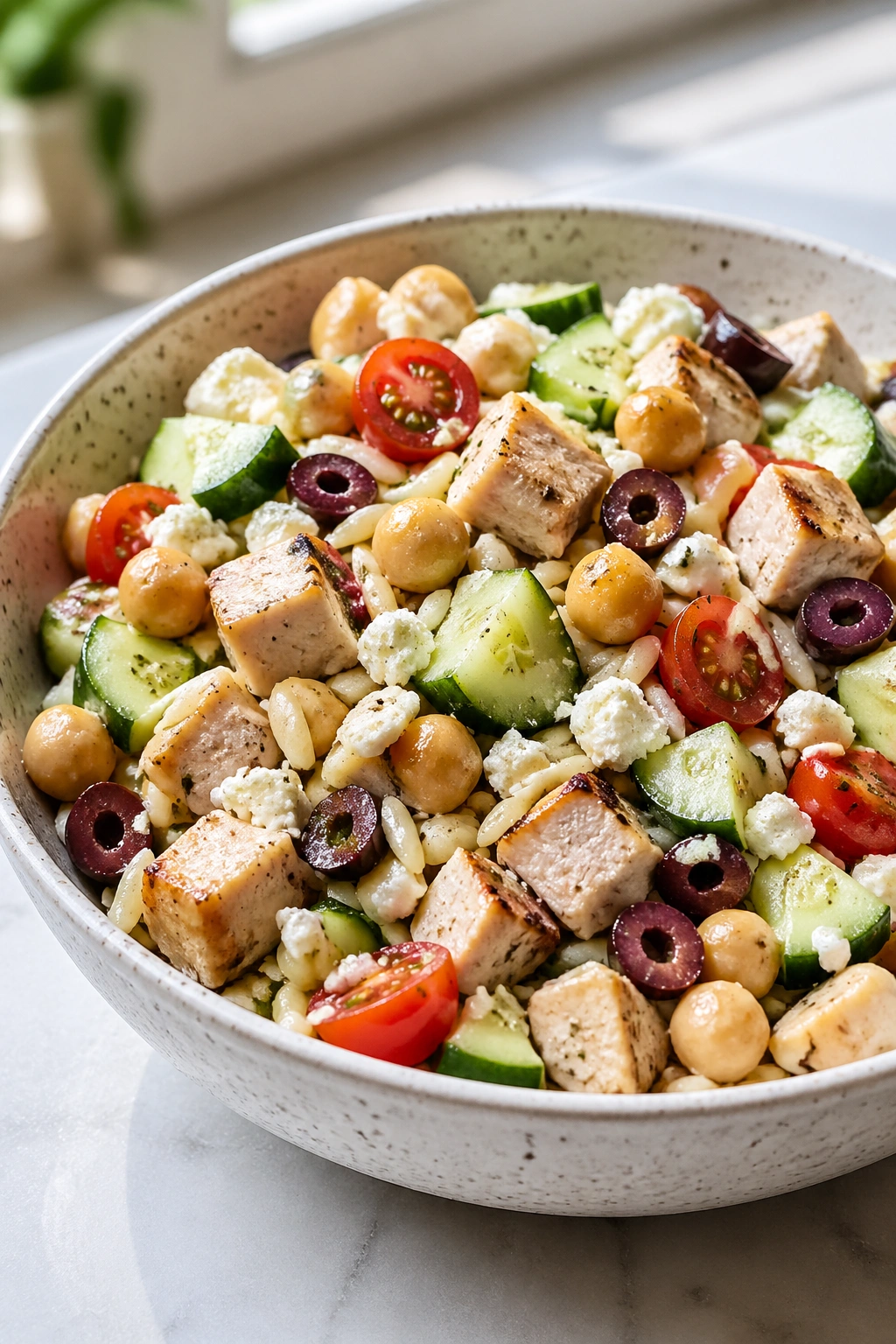 Greek chicken pasta salad with chickpeas in a bowl