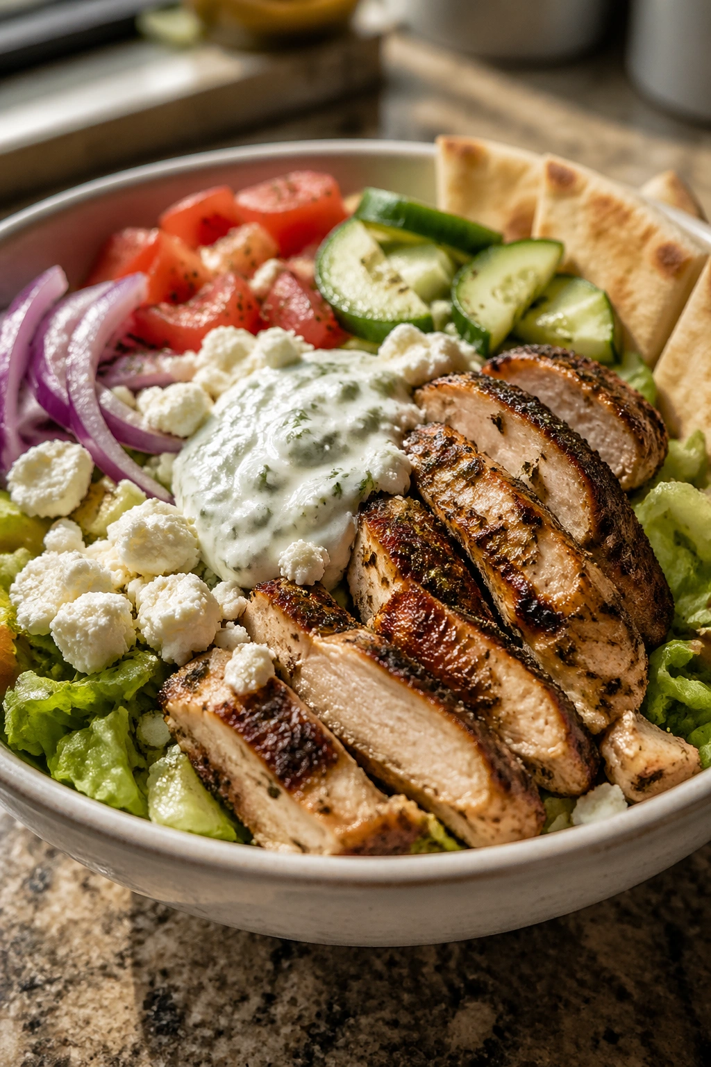 Close-up of Greek Chicken Pita Bowls with chicken, cucumber, tomato, feta and tzatziki on a kitchen counter