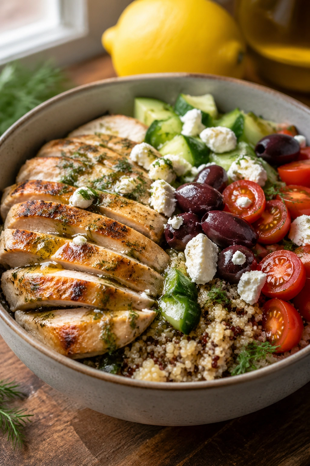 Close-up of a Greek chicken quinoa bowl with feta, olives, and veggies on a wooden surface