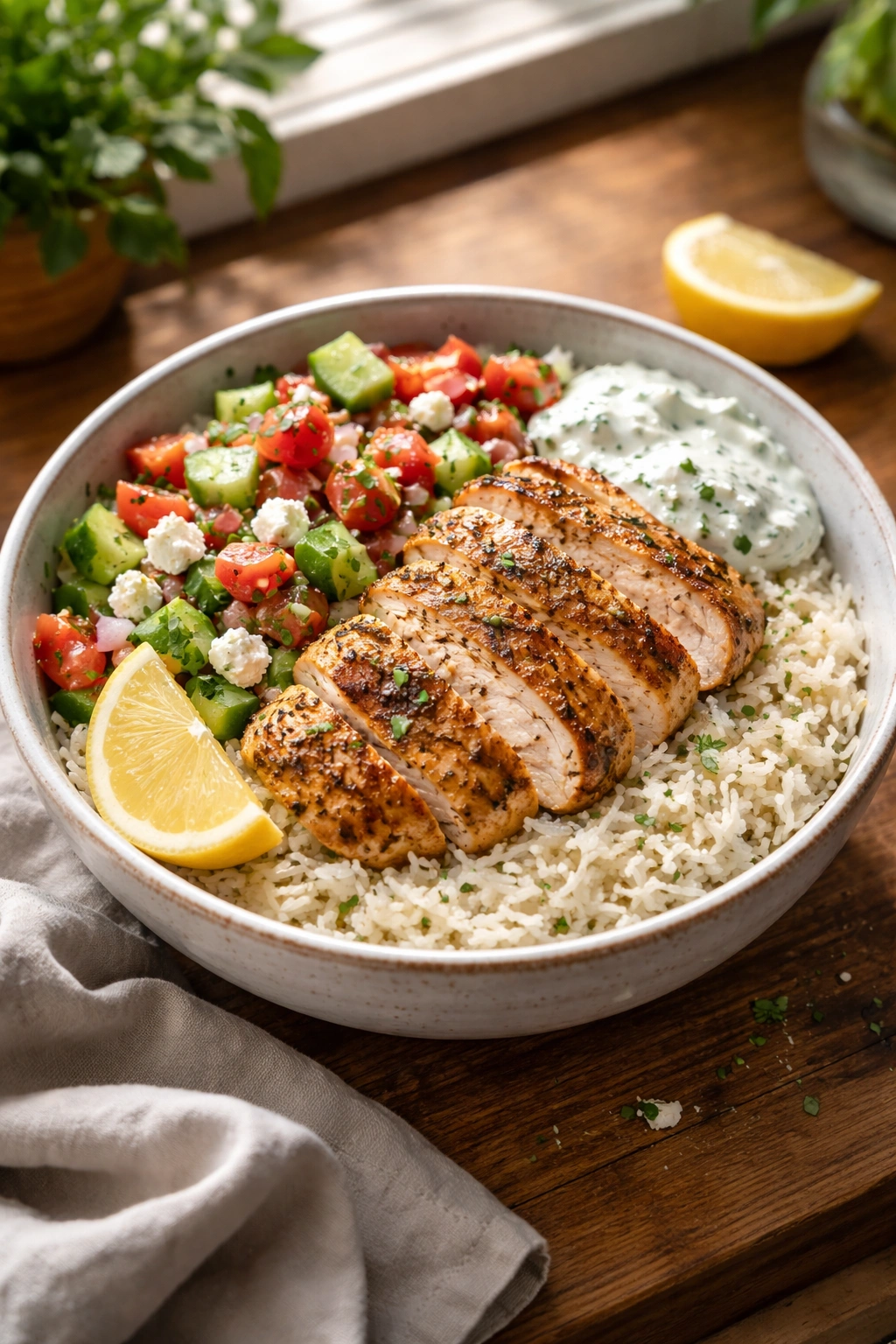 Close-up of Greek chicken rice bowl showing chicken, rice, cucumber, tomato, feta on a rustic kitchen counter