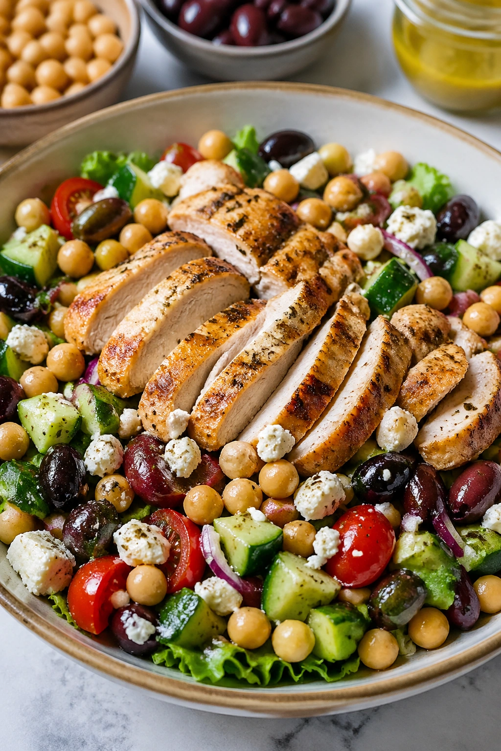 Close-up of Greek chicken salad with chickpeas in a bowl