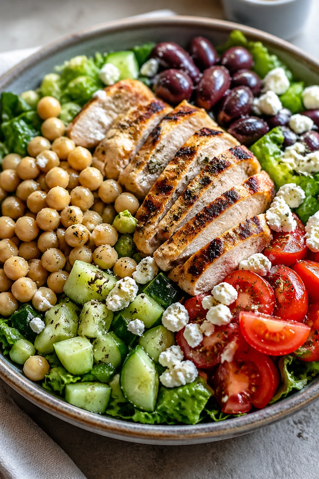 Close-up of Greek chicken salad with chickpeas and cucumber