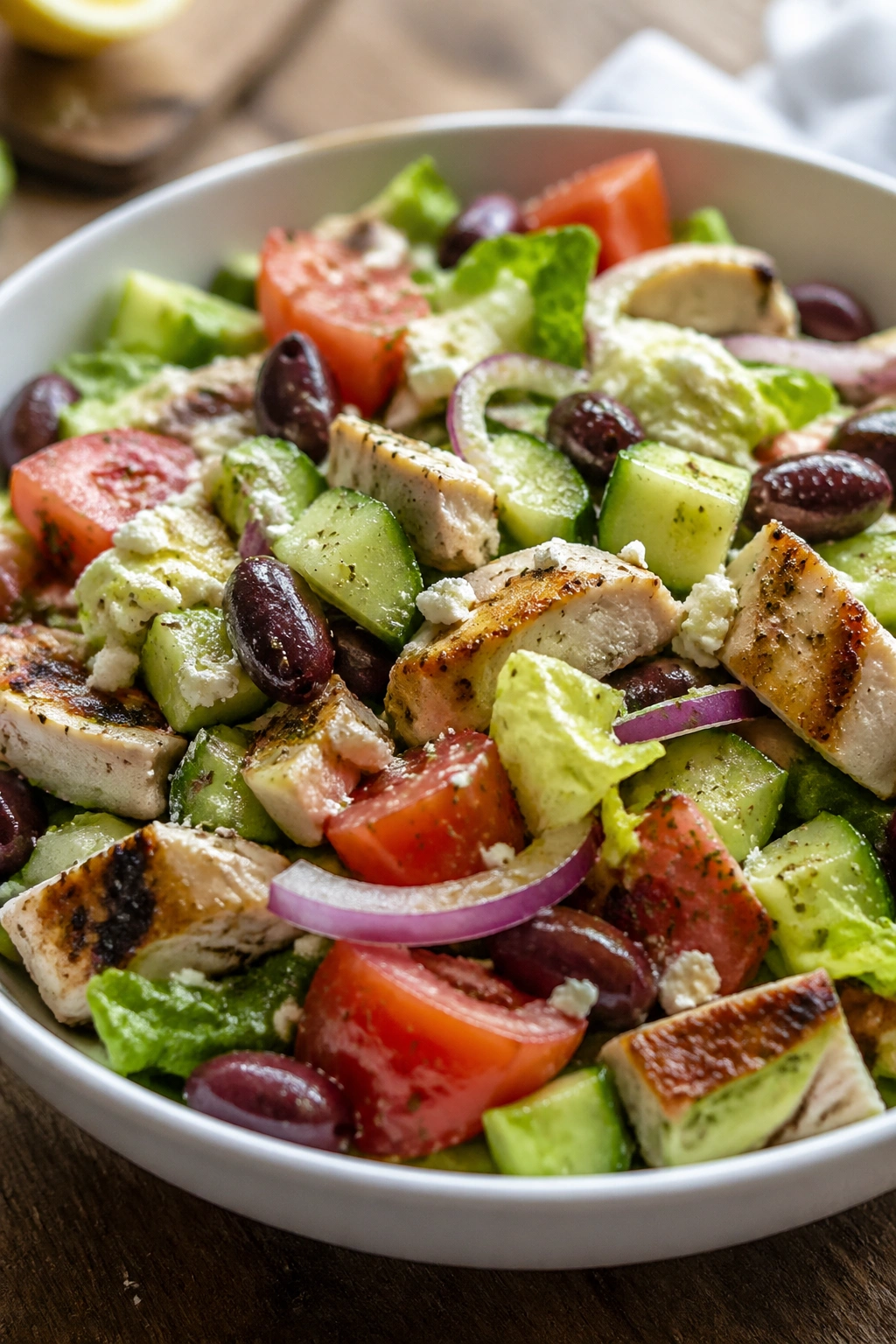 Close-up of Greek Chicken Salad with lemon oregano in a bowl on a wooden counter