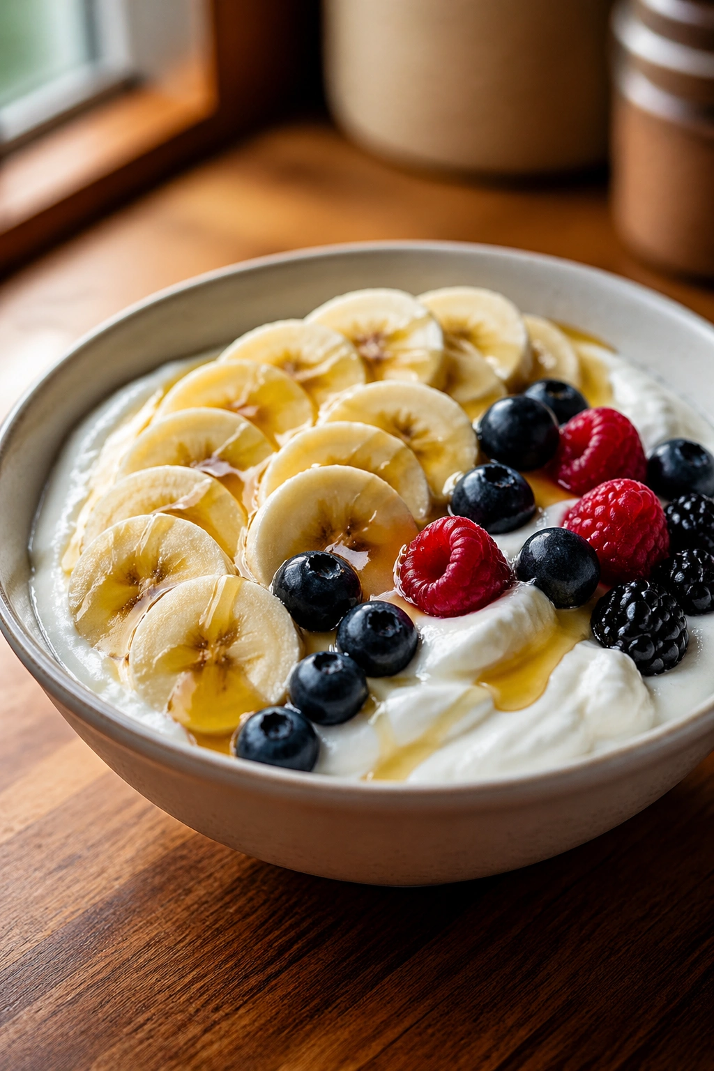 Close-up of Greek yogurt banana bowl on a wooden kitchen counter with honey and berries