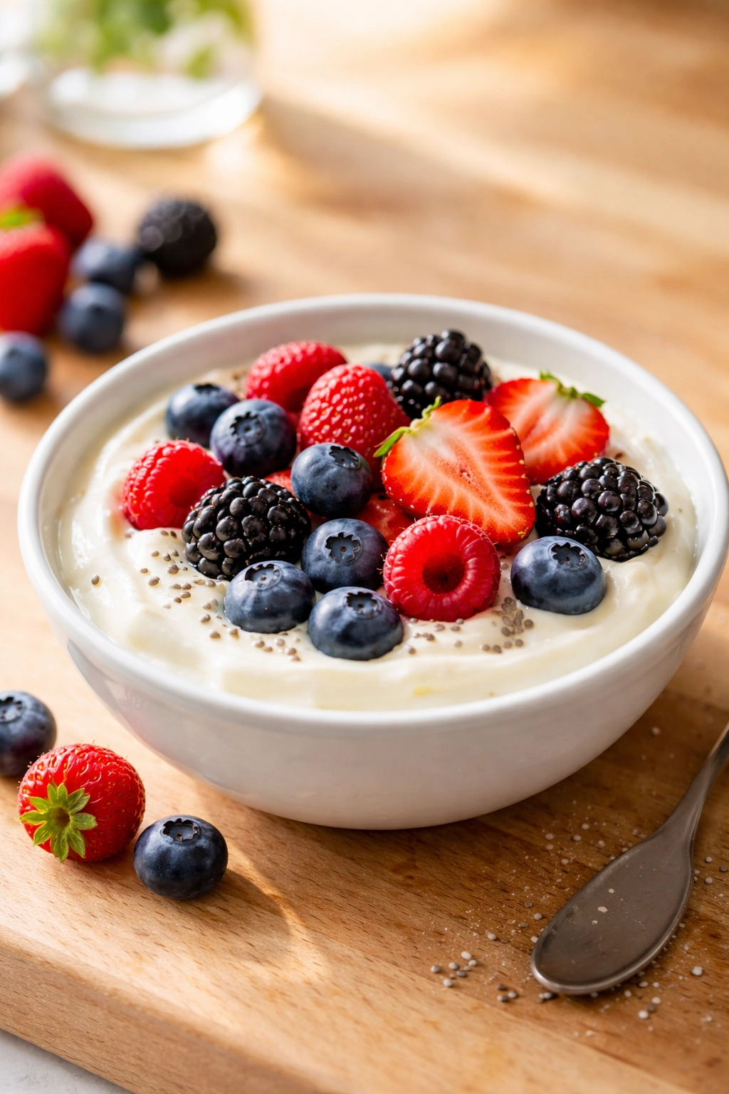Close-up bowl of plain Greek yogurt with mixed berries on a light wooden surface.