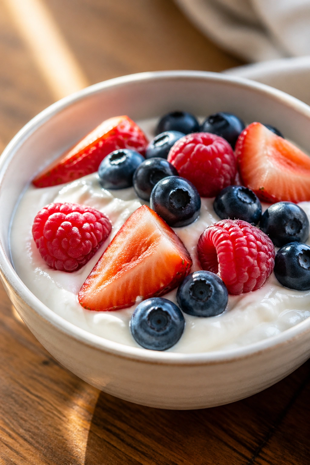 Bowl of Greek yogurt with berries, a protein-rich pre-workout snack.
