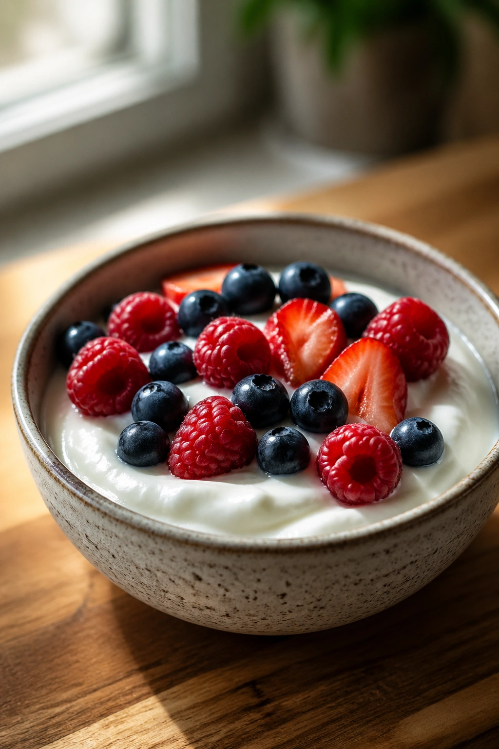 Close-up of thick Greek yogurt with fresh berries in a bowl on a wooden counter