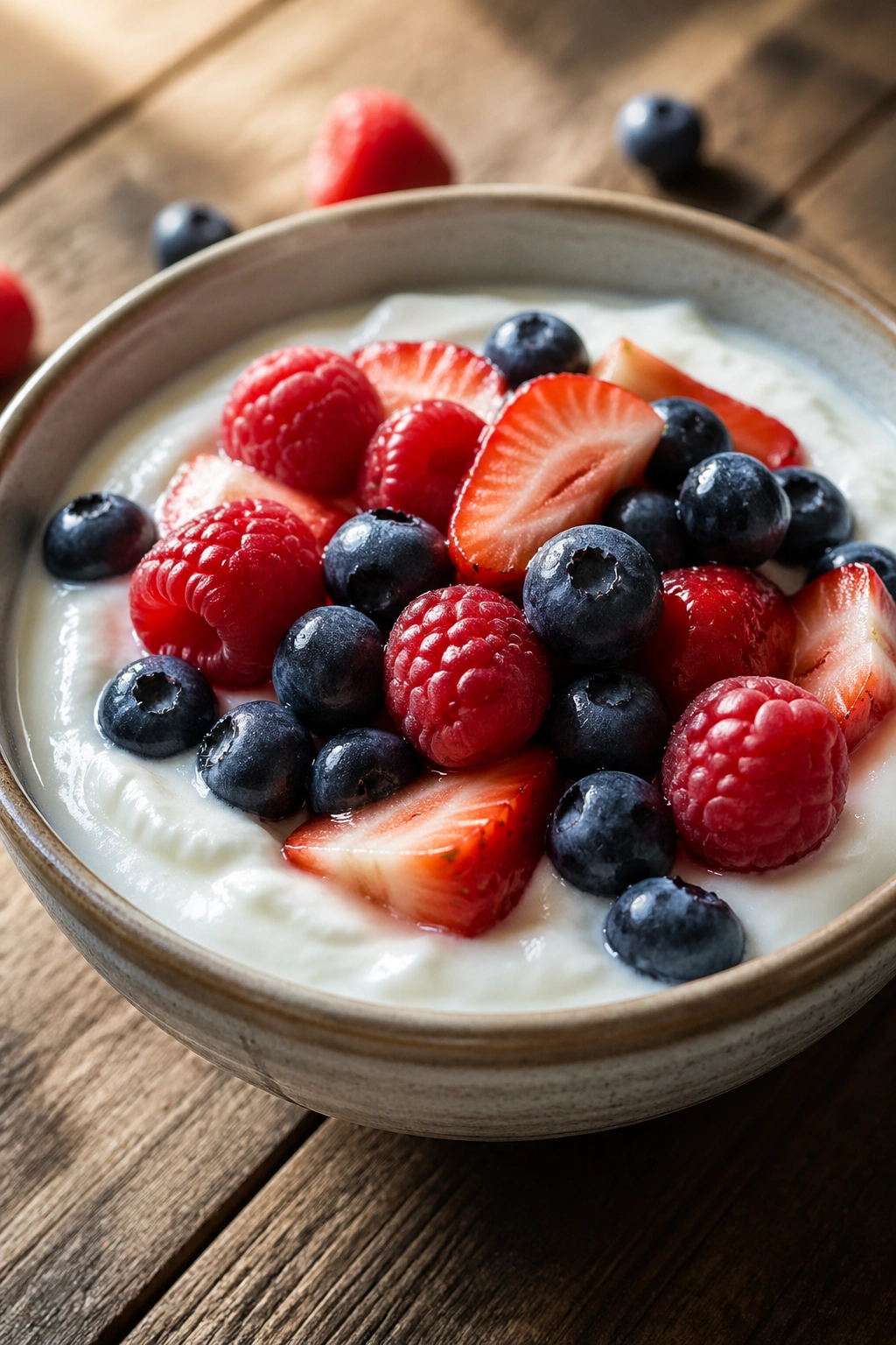 Close-up bowl of Greek yogurt with berries on a wooden surface.
