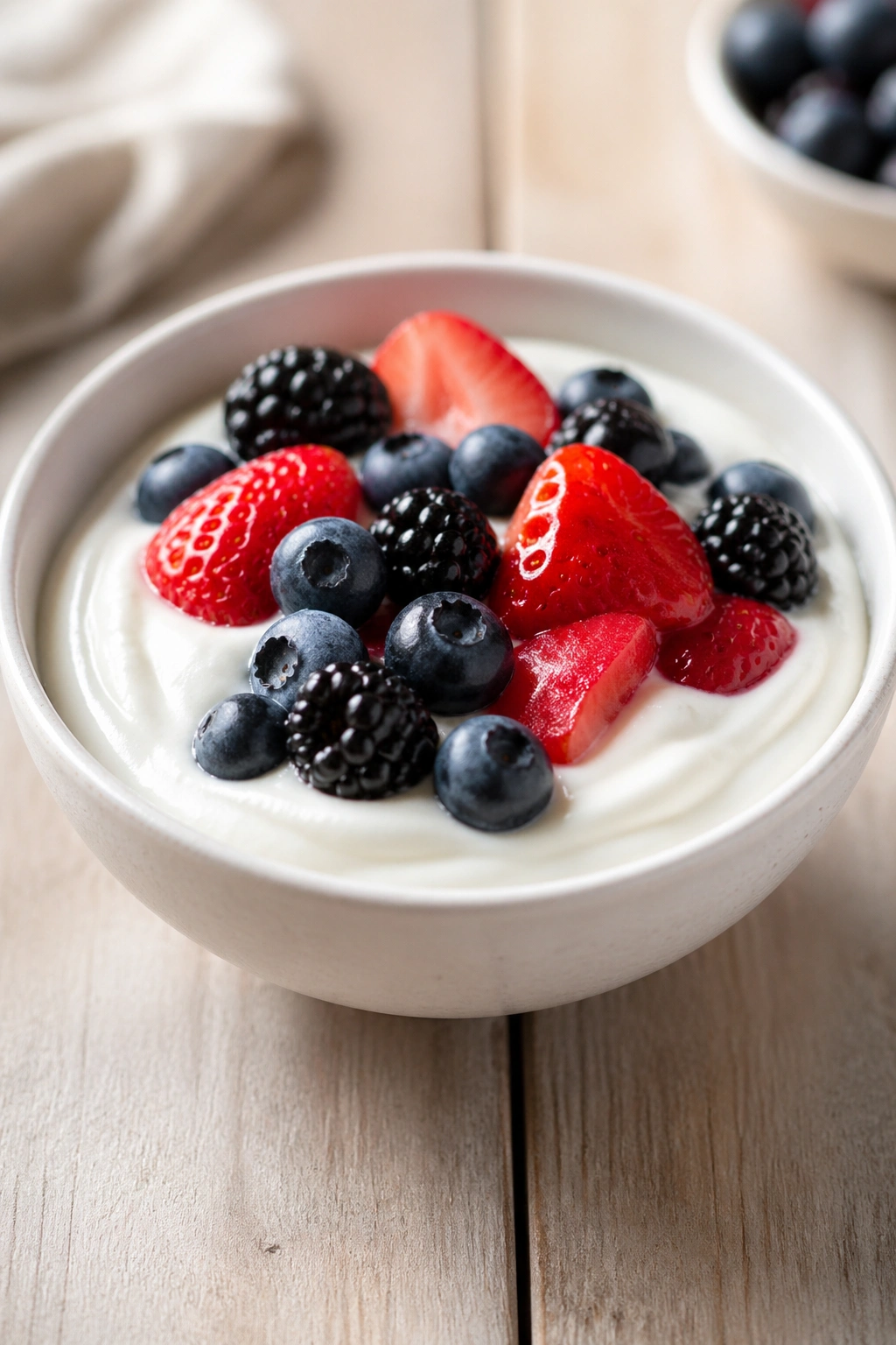 Bowl of plain Greek yogurt with fresh berries on a bright kitchen surface