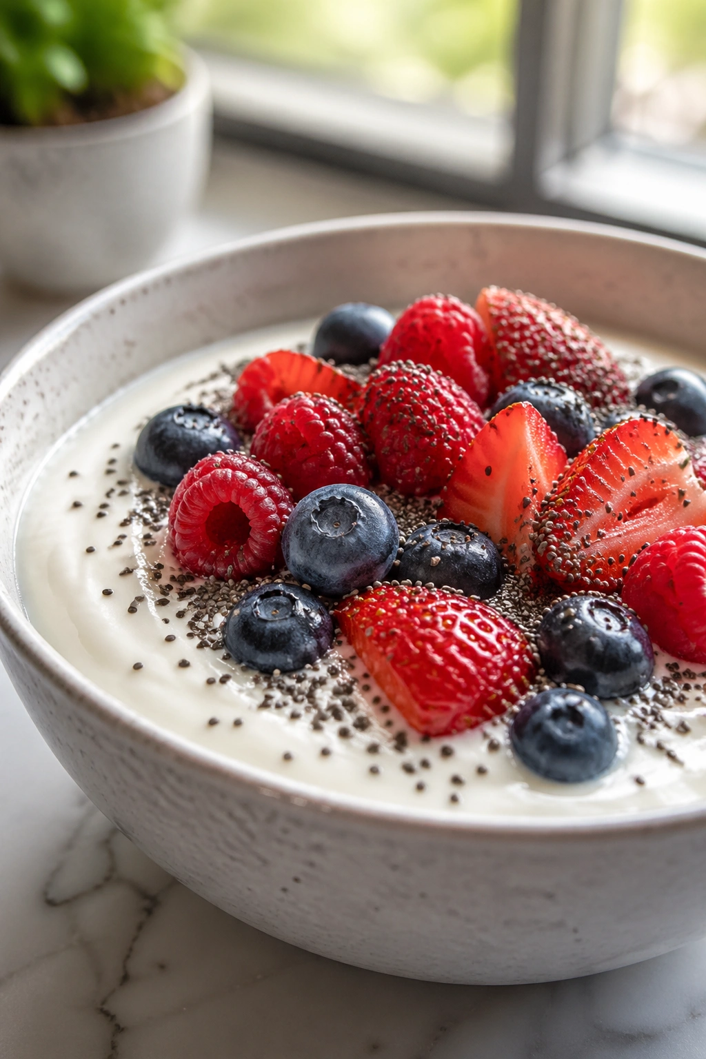 Close-up of a bowl of Greek yogurt with berries and chia in a bright kitchen