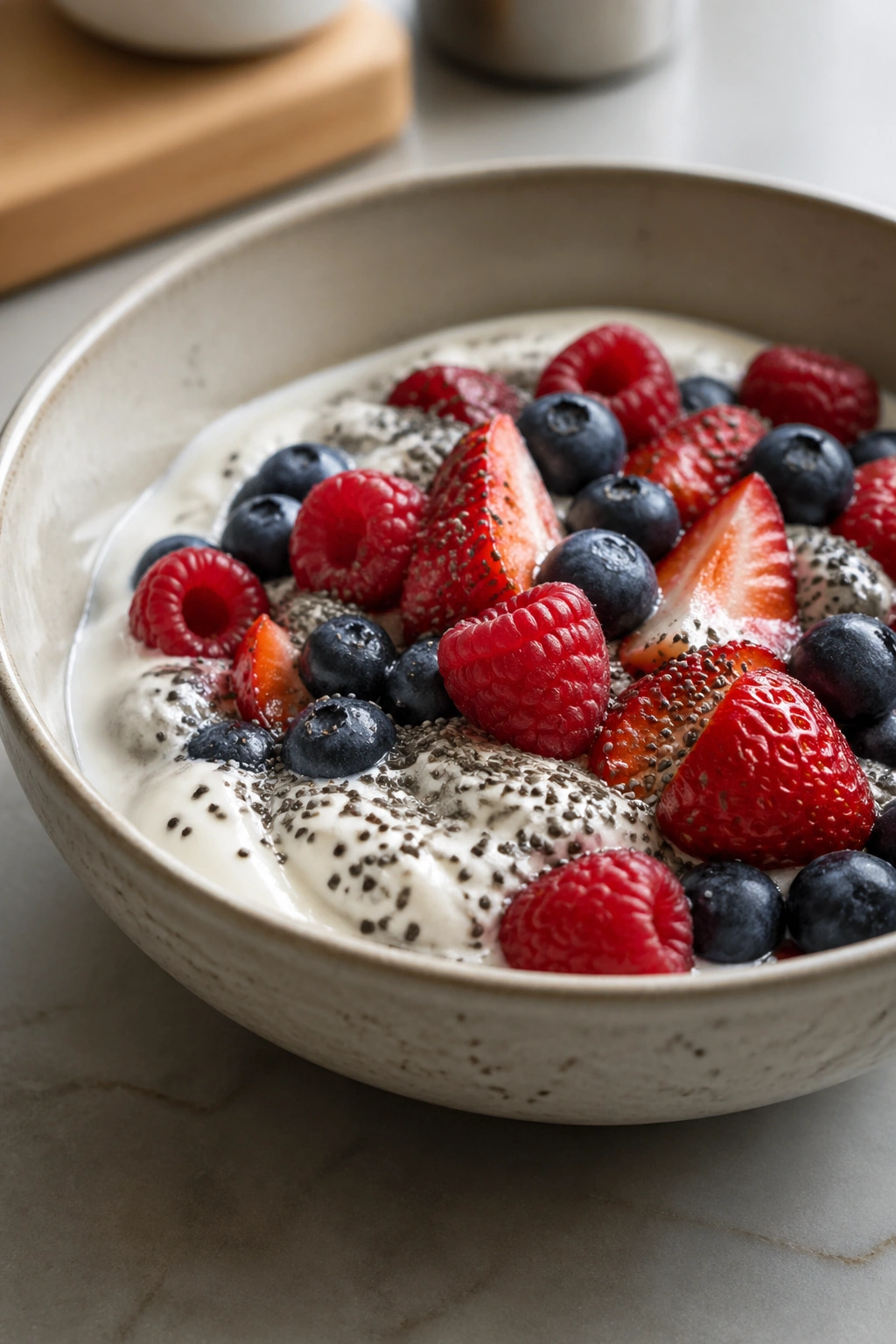 Greek yogurt bowl with berries and chia seeds
