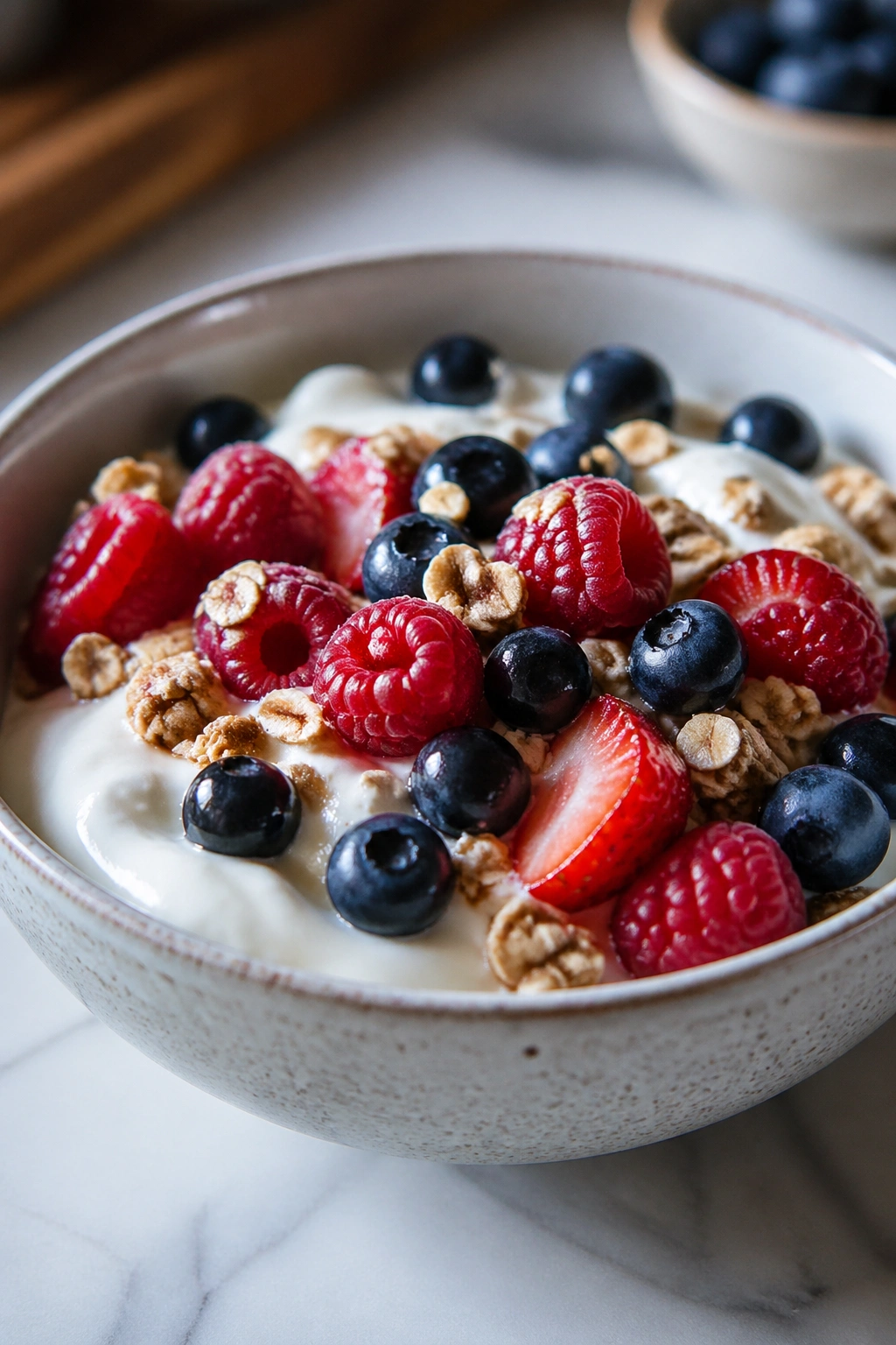 Close-up of Greek yogurt with berries, illustrating high-satiety foods