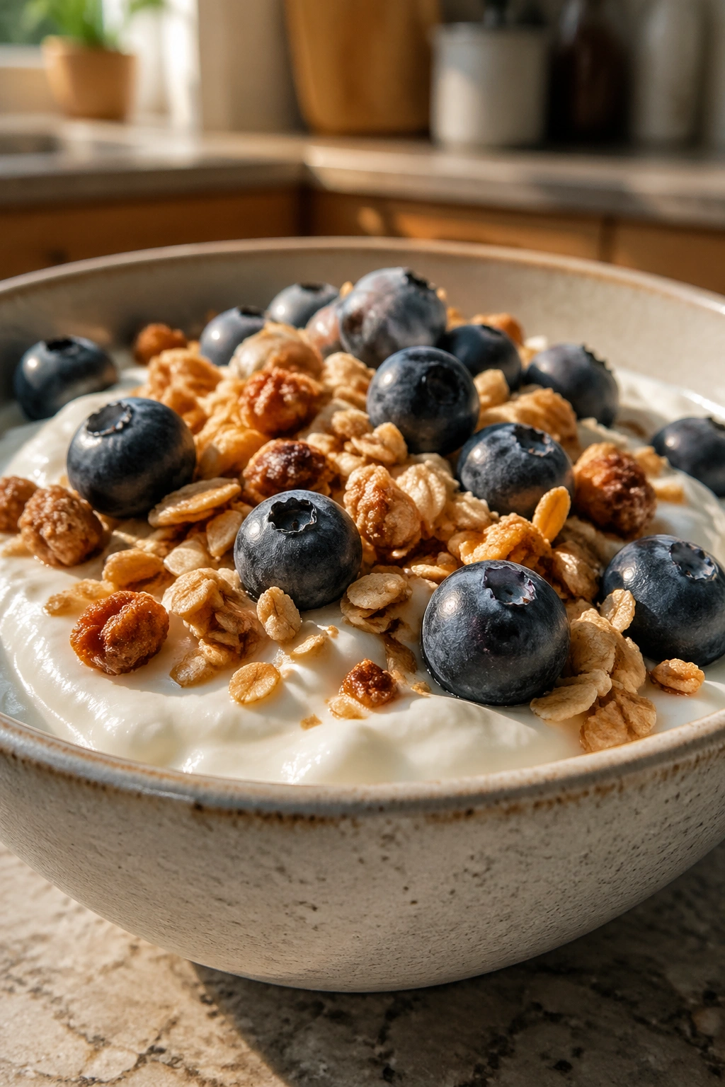 Close-up of thick Greek yogurt with blueberries and granola in a bowl on a kitchen counter