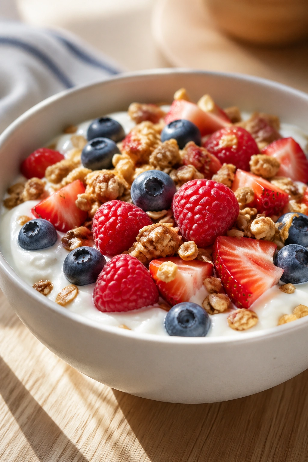 Thick Greek yogurt with berries and granola in a bowl under morning light.