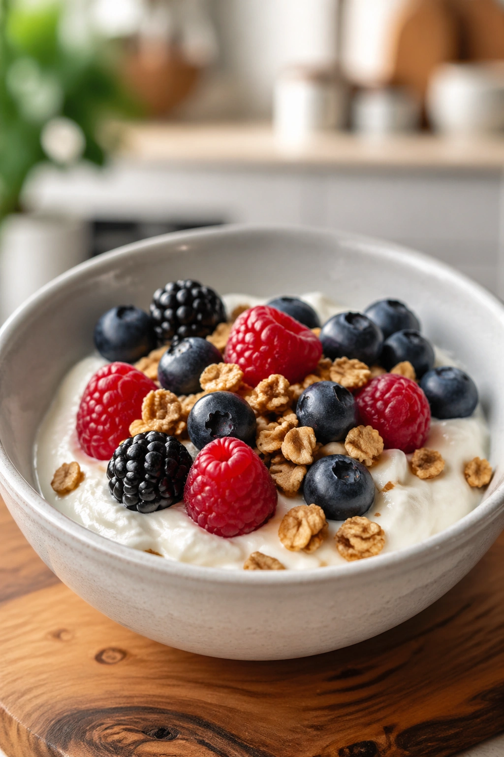 Close-up of Greek yogurt with berries and granola for pre-workout fuel
