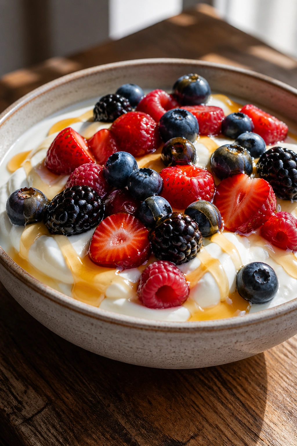Close-up of Greek yogurt with berries and honey on a wooden table.