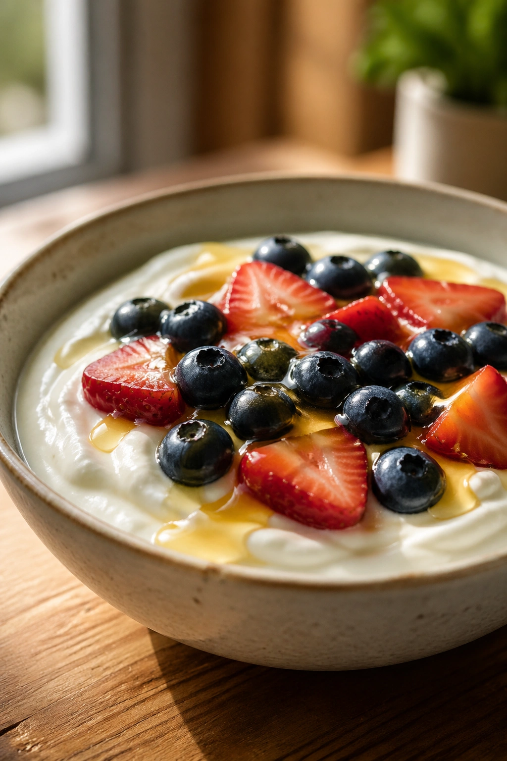 Close-up of a bowl of Greek yogurt with berries and honey on a wooden kitchen counter