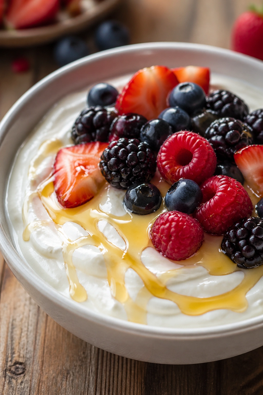 Greek yogurt bowl with berries and honey as post-workout snack