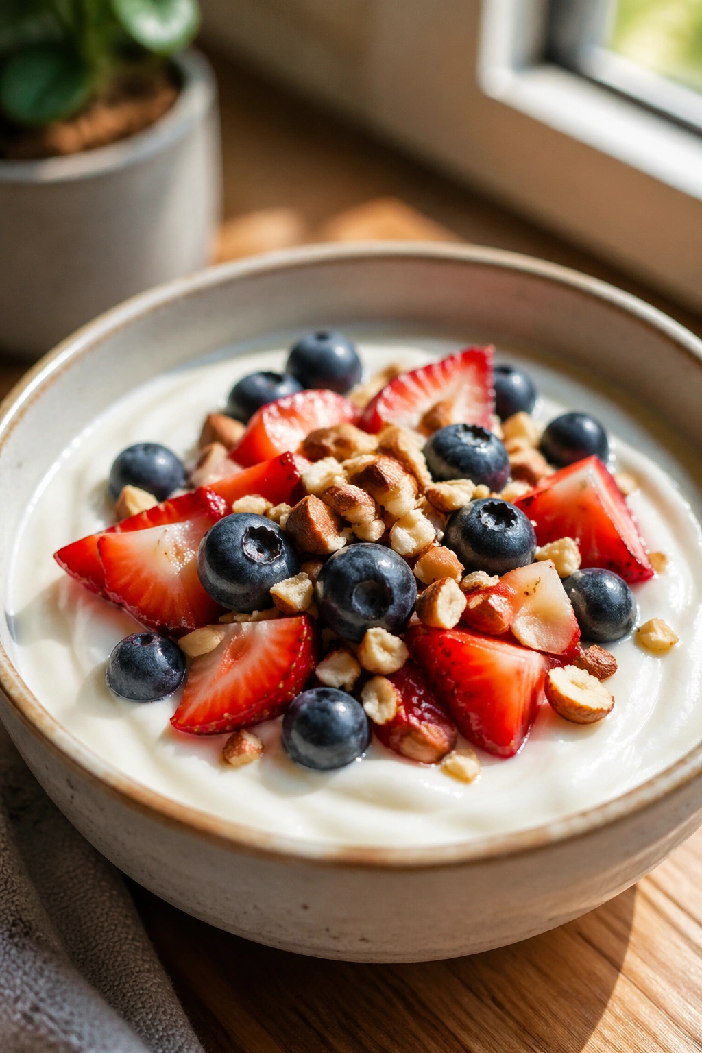 Bowl of Greek yogurt with berries and nuts on a wooden surface