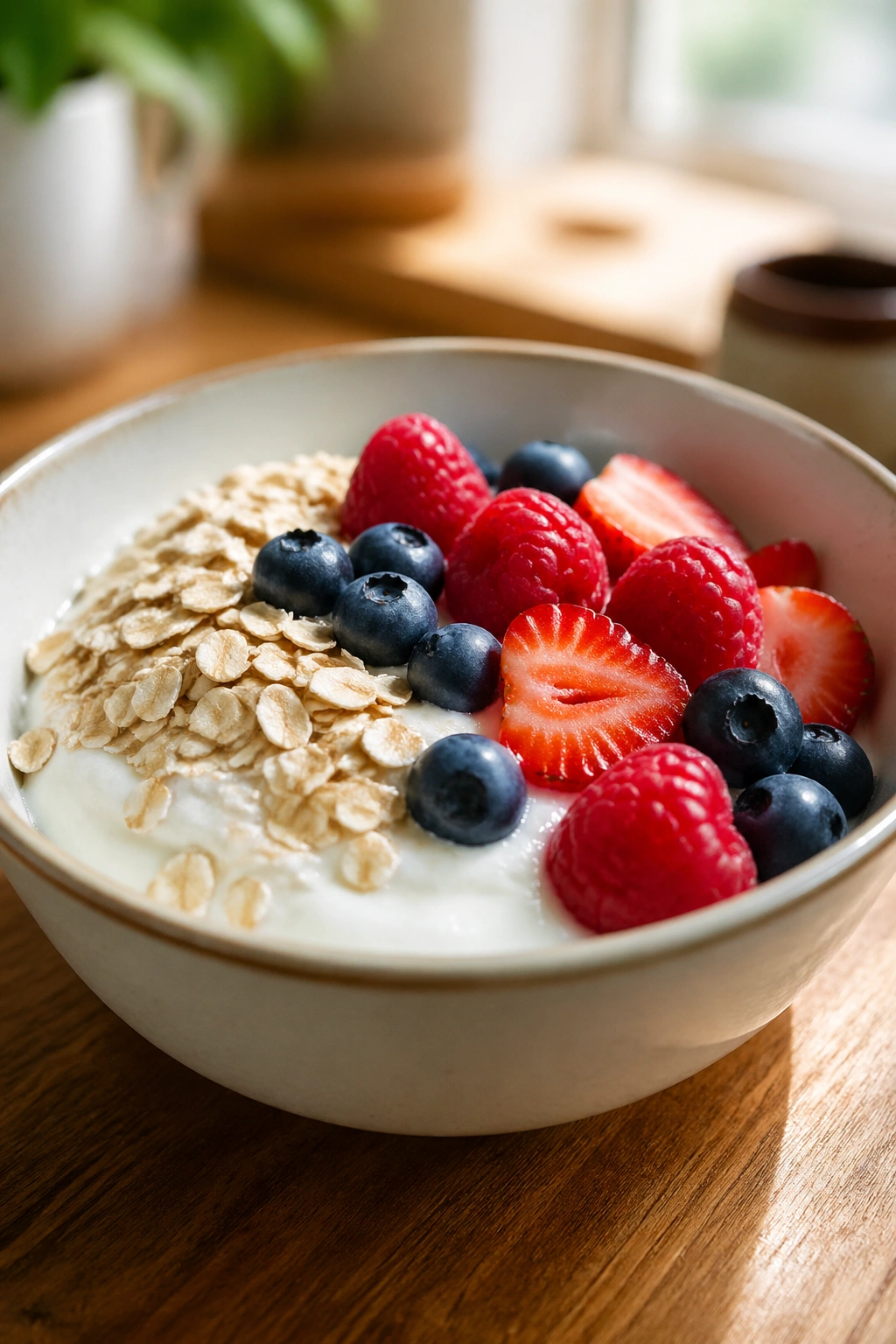 Close-up bowl of Greek yogurt with berries and oats for a fast pre-workout breakfast